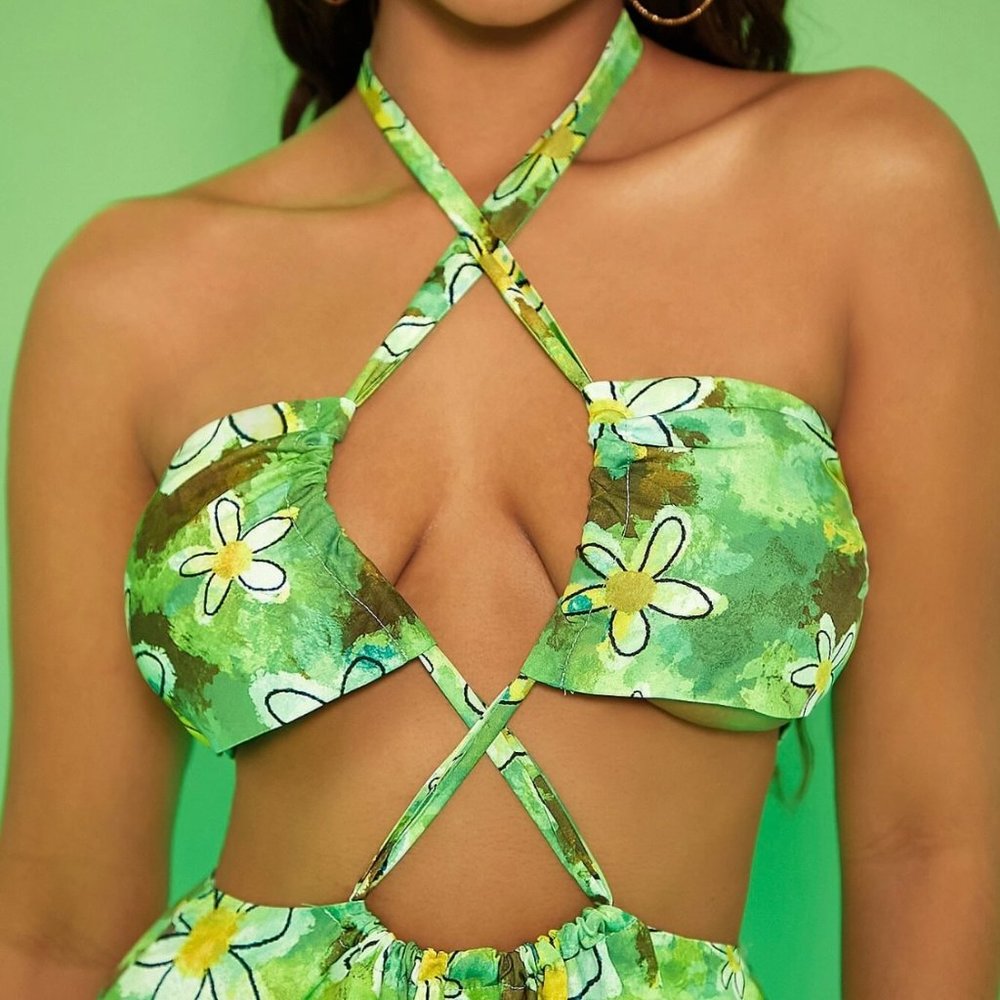 Floral Print Crisscross Cut Out Split Thigh Tie Backless Halter Sundress -NIB